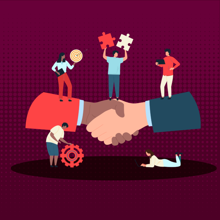 A group of employees standing on top of two people doing a handshake wearing work clothes illustrating how an EVP is a promise made by an employer.